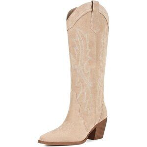 Women's Beige Suede Cowgirl Boots  Knee High Pointed Toe Tall Block Heel Boots